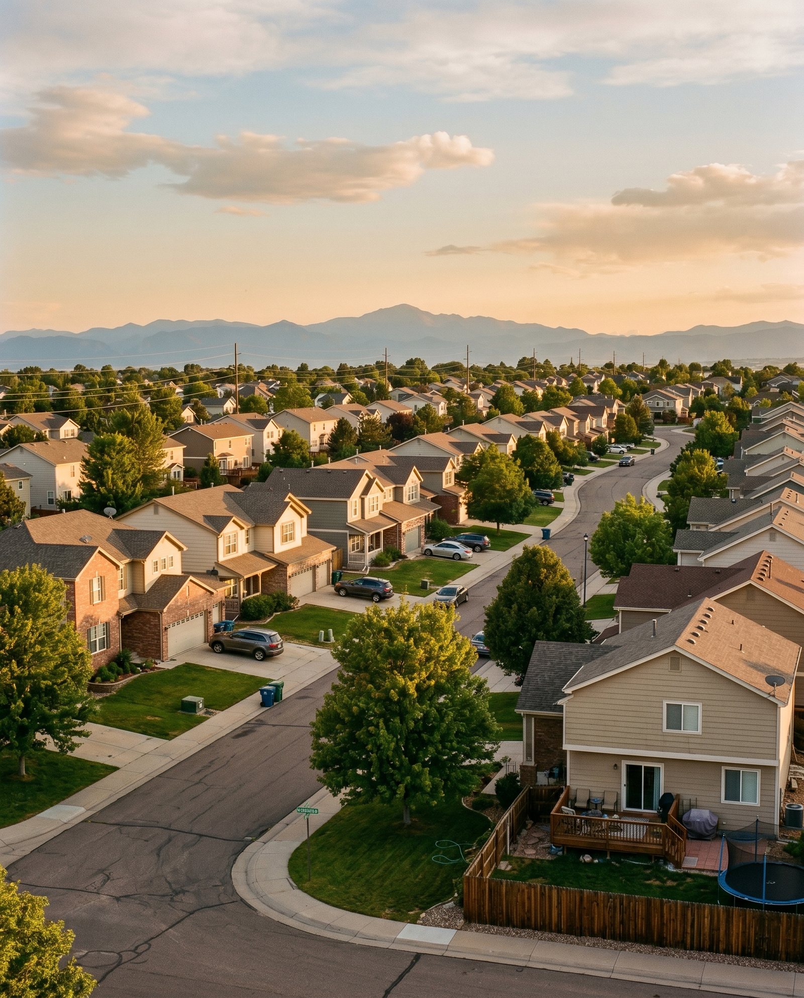 Suburban Aurora, Colorado neighborhood with the Front Range visible in the distance